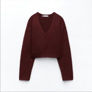 ZARA cropped vneck alpaca blend burgundy sweater